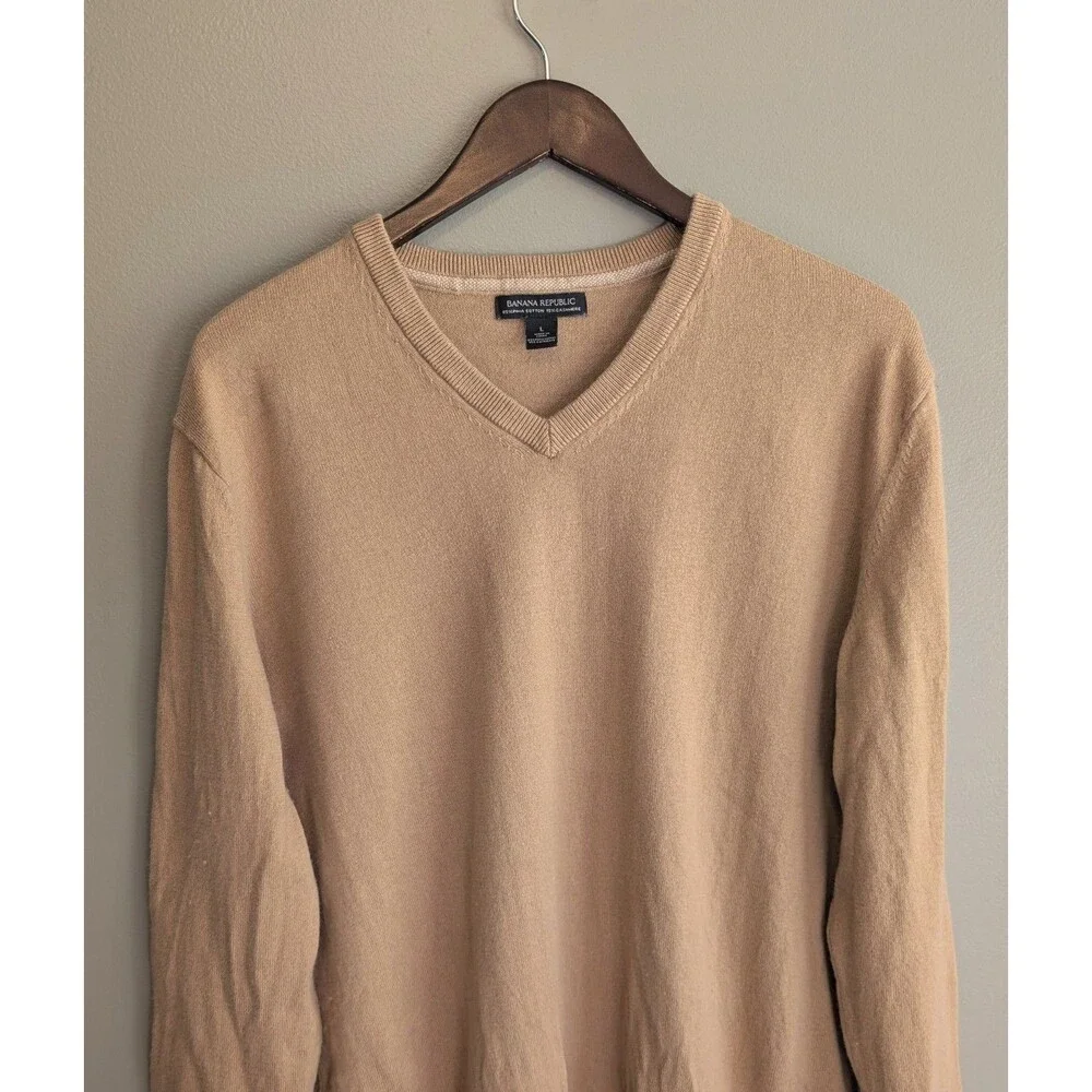 Banana Republic Mens Large Silk Cotton Cashmere V-Neck Sweater Tan Camel Brown L